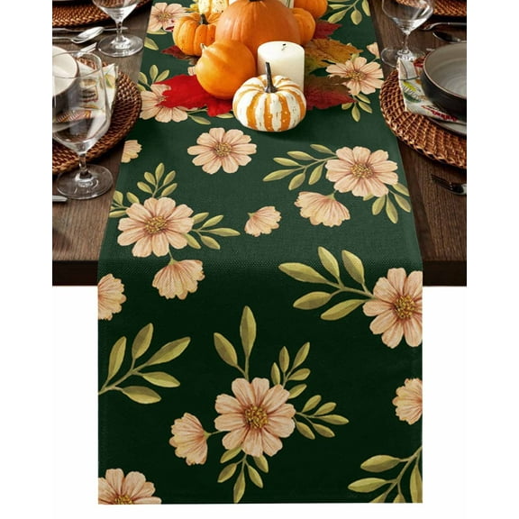 Dark Green Foral Leaves Table Runner-Cotton Linen- 70 Inch Holiday Dresser Scarves, Fall Rural Natural Countryside Tablerunner for Kitchen Coffee/Dining Bedroom Living Room Dinner Scarf Décor 13x70