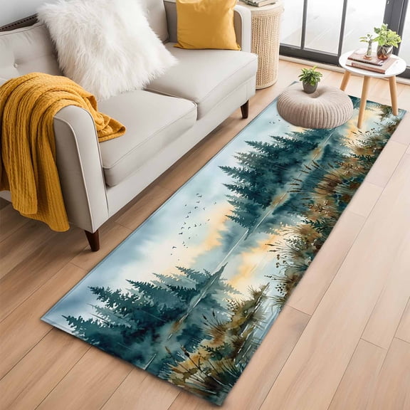 Dark Green Forest 2'x6' Runner Rug for Hallway Walkway Kitchen Galley, Watercolor Bird Lake Natural Scenery Sunset Low Pile Non Slip Long Area Rug, Machine Washable Indoor Outdoor Mat
