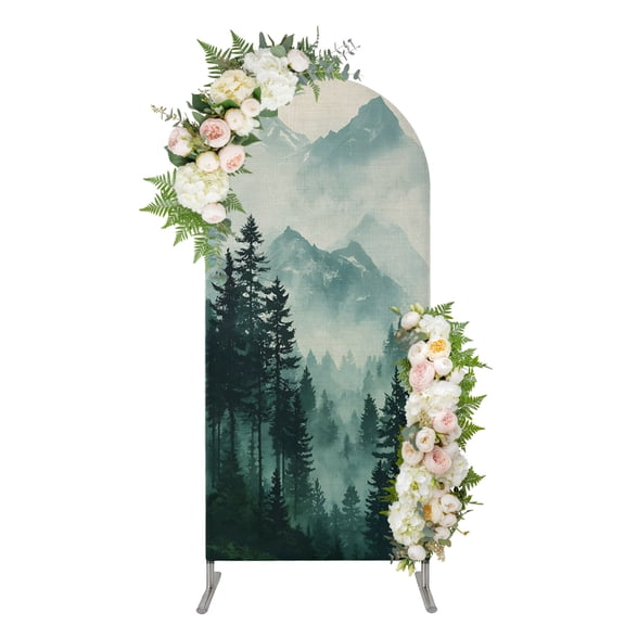 Dark Green Forest Arch Backdrop Cover 4FT, Nature Mountain Pine Tree Vintage Spandex Fitted Stretchy Arch Stand Covers, Round Top Chiara Backdrop Cover for Wedding Party Birthday Baby Shower