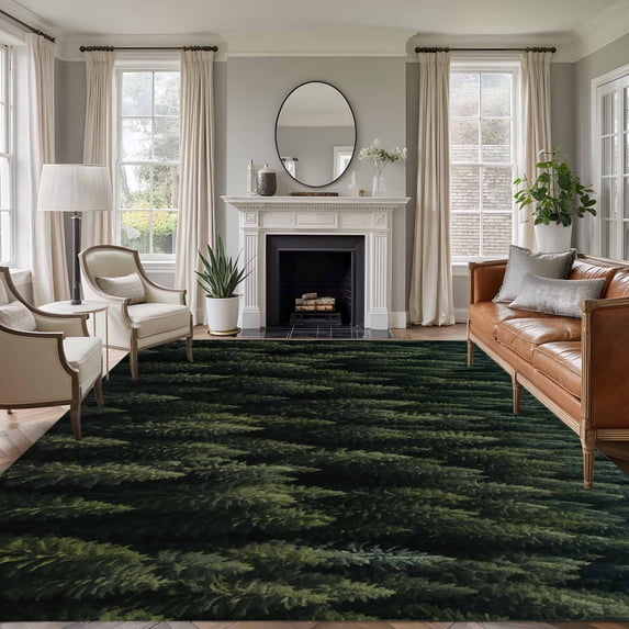 Dark Green Forest Area Rug 6x9 FT, Non Slip Living Room Throw Carpet, Pine Trees Modern Mysterious Art Washable Soft Large Floor Carpet Non-Shedding Rug for Bedroom Dining Room Play Room