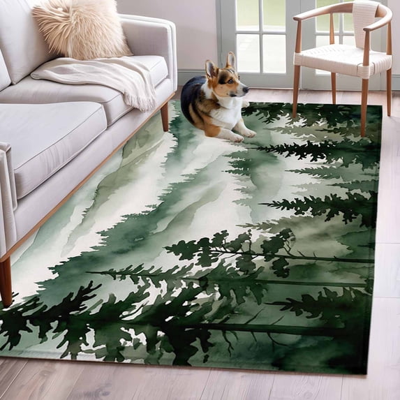 Dark Green Forest Area Rugs 2.7'x5', Washable Small Throw Rugs for Kitchen Bedroom, Watercolor Clouds Trees Mountain Indoor Outdoor Rug Non-Slip Low Pile Carpet Runner Reversible Floor Mats