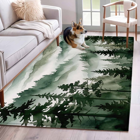 Dark Green Forest Area Rugs 2.7'x5', Washable Small Throw Rugs for Kitchen Bedroom, Watercolor Clouds Trees Mountain Indoor Outdoor Rug Non-Slip Low Pile Carpet Runner Reversible Floor Mats