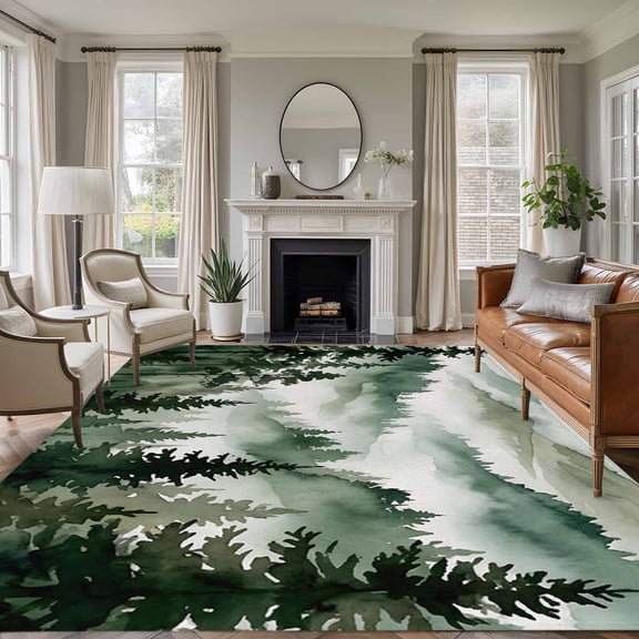 Dark Green Forest Area Rugs 5'x8', Washable Small Throw Rugs for Classroom Bedroom, Watercolor Clouds Trees Mountain Indoor Outdoor Rug Non-Slip Low Pile Carpet Runner Reversible Floor Mats