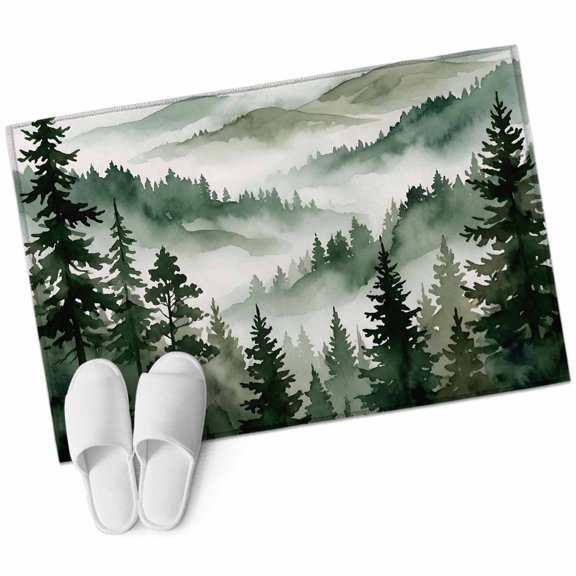 Dark Green Forest Bathroom Rug Washable 2x3 Entryway Rug Non Slip Watercolor Clouds Trees Mountain Front Door Mat Low Pile Indoor Doormat Throw Floor Carpet for Kitchen Bedroom Entrance