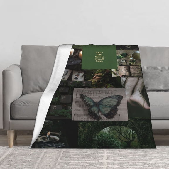 Dark Green Forest Cottagecore Collage Flannel Fleece Throw Blanket, Vintage Butterfly Candle Sheet Music Inspirational Quote Print Soft Cozy Lightweight Blanket for Sofa Couch Bed.