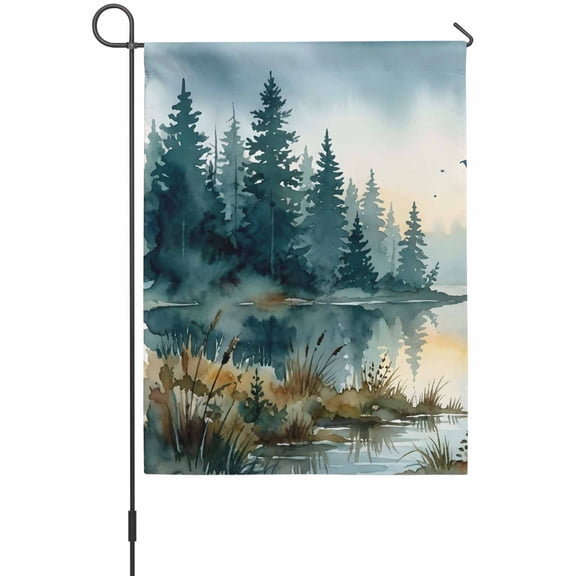 Dark Green Forest Garden Flag 12 x 18 Inches, Watercolor Bird Lake Natural Scenery Sunset Weather Proof Outdoor Patio Flags Double Sided Small Garden Decoration for Yard Outside Home