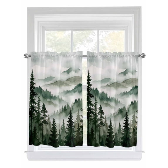Dark Green Forest Kitchen Curtains 54 Inch Length, Watercolor Clouds ...