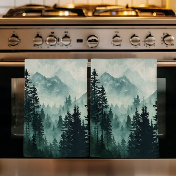 Dark Green Forest Kitchen Towels Set of 3, Nature Mountain Pine Tree Vintage Absorbent Dish Towels for Kitchen, Microfiber Hand Towel, Quick Drying Tea Towel for Cleaning Decorative Dishcloths