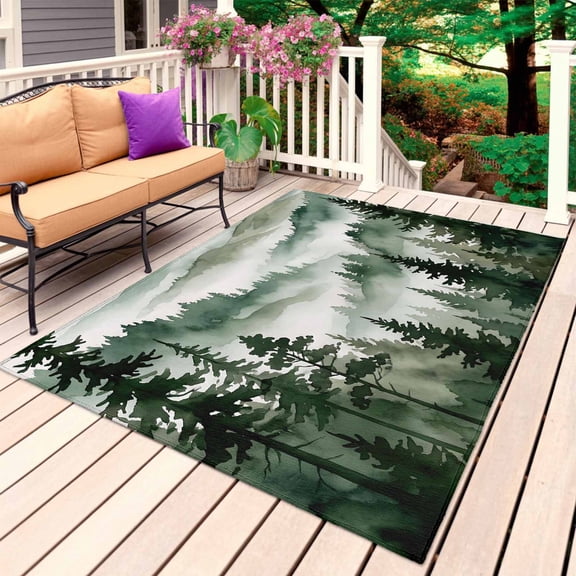 Dark Green Forest Outdoor Rug 3x5 Ft, Non Slip Washable Area Rug, Watercolor Clouds Trees Mountain Patio Rugs Carpet Runner, Large Floor Mat for Indoor/Outdoor Deck Porch Camping