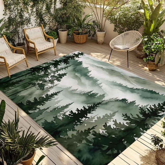Dark Green Forest Outdoor Rug for Patio/Deck/Porch, Non-Slip Large Area Rug 4 x 6 Ft, Watercolor Clouds Trees Mountain Indoor Outdoor Rugs Washable Area Rugs, Reversible Camping Rug Carpet Runner