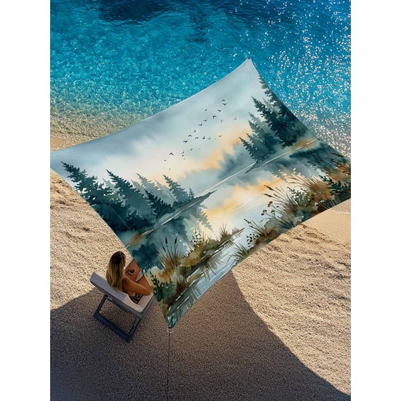Dark Green Forest Sun Shade Sail 8' x 10', Watercolor Bird Lake Natural Scenery Sunset Rectangle Outdoor Sunshade Canopy, Waterproof UV Block Patio Covers for Garden Yard Beach