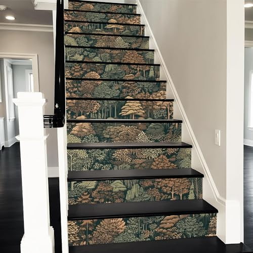 Dark Green Forest Trees Peel and Stick Vinyl Stair Riser Decals Staircase Tile Stair Stickers Abstract Boho Art Modern Decoration Self-Adhesive Home Decor Stair Decals (14Pcs)$$Tools