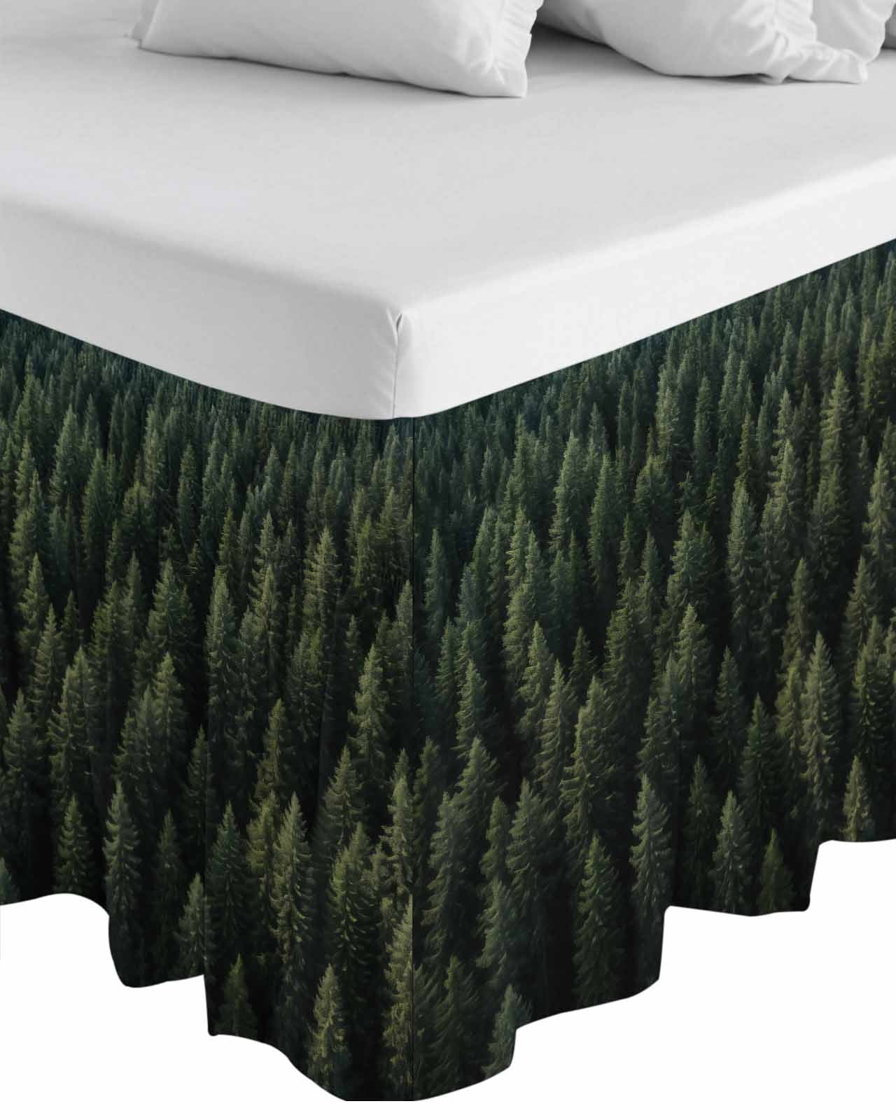 Dark Green Forest Wrap Around Bed Skirts for King Bed 16" Drop,Bed Skirt with Adjustable Elastic Belt Dust Ruffle Bed Valance for Bedroom Hotel Luxury Pine Trees Modern Mysterious Art Bed Frame Cover