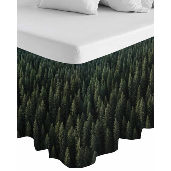 Dark Green Forest Wrap Around Bed Skirts for Queen Bed 18" Drop,Bed Skirt with Adjustable Elastic Belt Dust Ruffle Bed Valance for Bedroom Hotel Pine Trees Modern Mysterious Art Bed Frame Cover