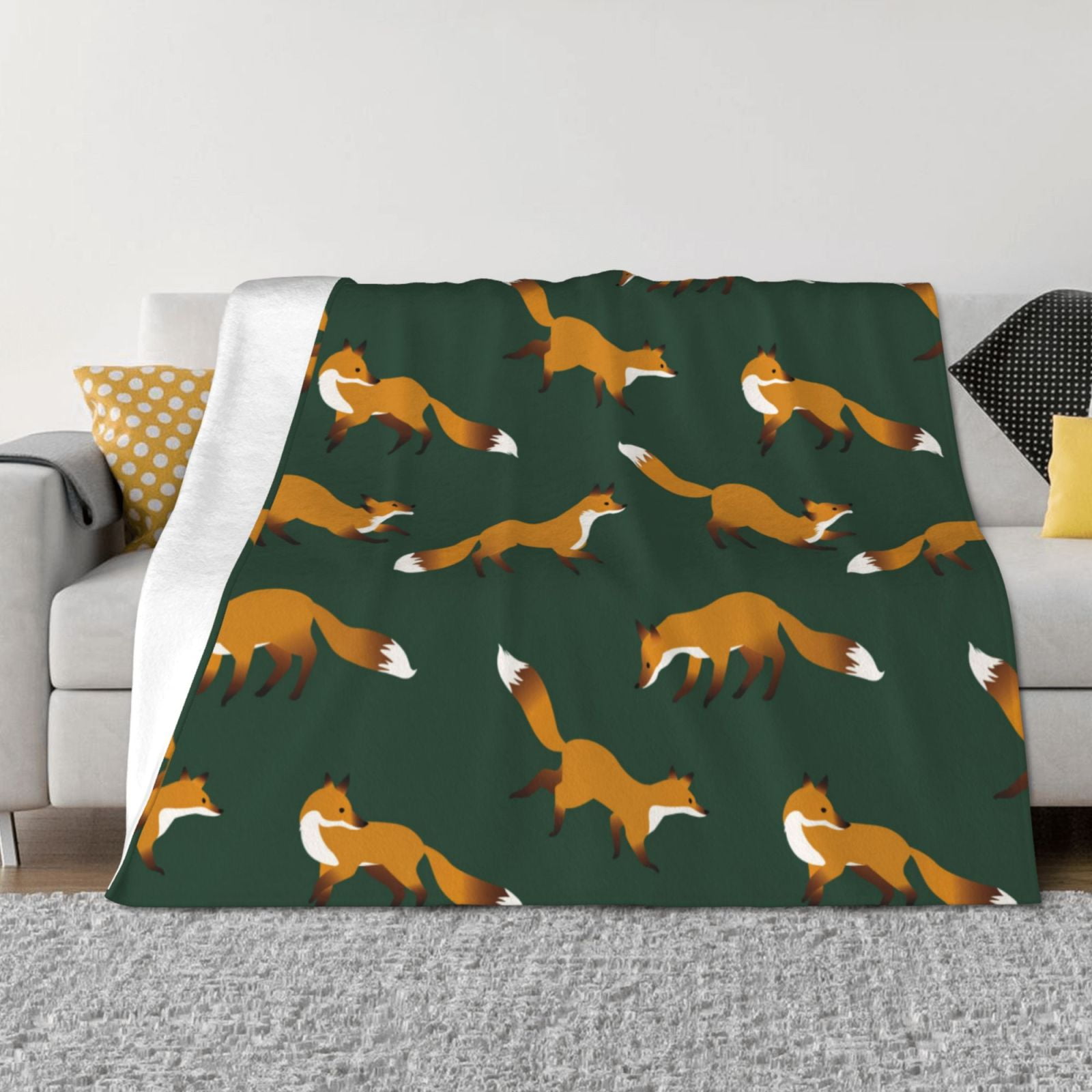 Dark Green Fox Print Throw Blanket for Couch, Soft Comfy Warm Plush