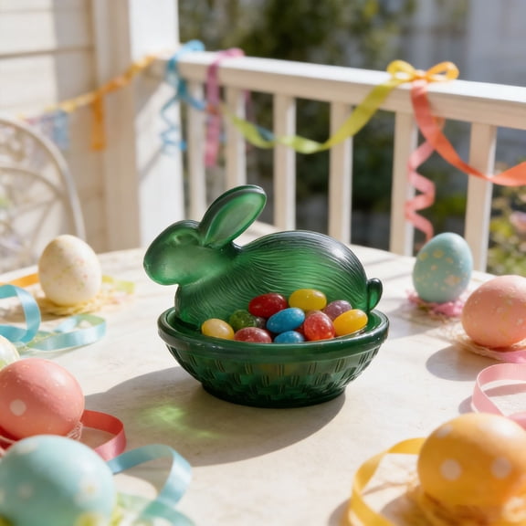 Dark Green Frosted Glass Rabbit Candy Dish with Lid, Vintage Bunny Candy Jar with Textured Pattern Pedestal Bowl for Easter Candy Cookies Dessert Storage, Decorative Rabbit Candy Container