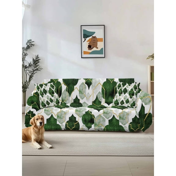 Dark Green Geometric Moroccan Couch Cover for Dogs, Abstract Art Ombre Modern Washable Sofa Covers Slipcover for Pets Dogs Futon Cover, Couch Recliner Covers, Oversized Chair Slipcover 71"x91"