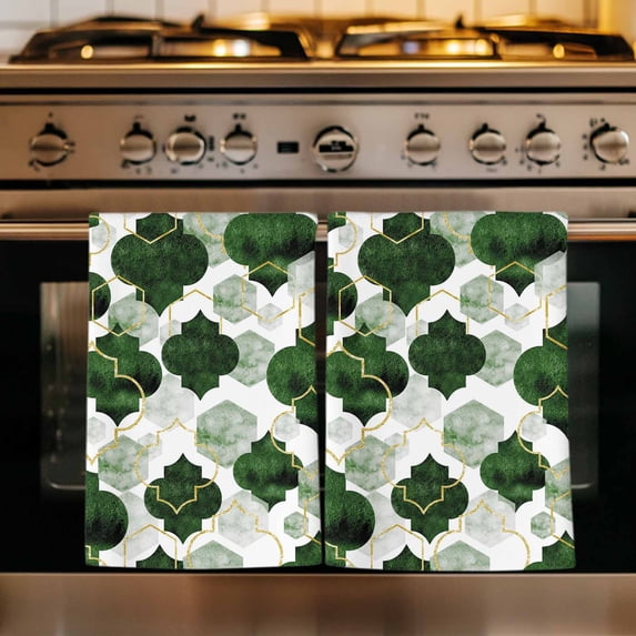 Dark Green Geometric Moroccan Kitchen Towels Set of 4, Abstract Art Ombre Modern Absorbent Dish Towels for Kitchen, Microfiber Hand Towel, Quick Drying Tea Towel for Cleaning Decorative Dishcloths