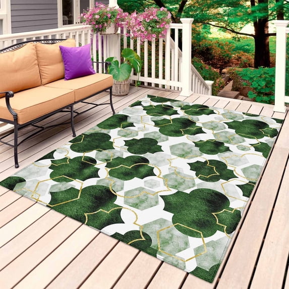 Dark Green Geometric Moroccan Outdoor Rug 5x8 Ft, Non Slip Washable Area Rug, Abstract Art Ombre Modern Patio Rugs Carpet Runner, Large Floor Mat for Indoor/Outdoor Deck Porch Camping
