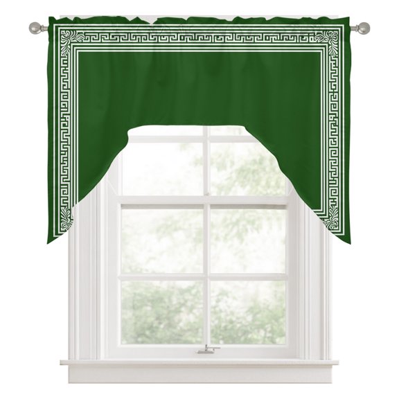 Dark Green Geometric Swag Valances for Windows, White Greek Key Design Abstract Modern Art Kitchen Valance Rod Pocket Window Treatment, Bathroom Swag Curtain Panel for Living Room, 56 x 36 inch