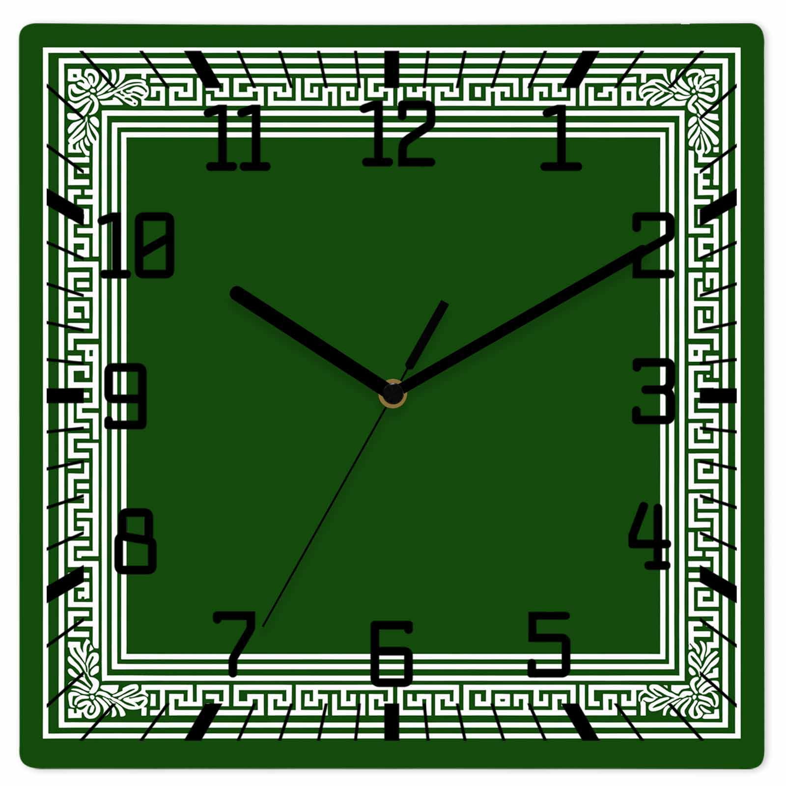 Dark Green Geometric Wooden Wall Clock Silent Non Ticking, White Greek ...