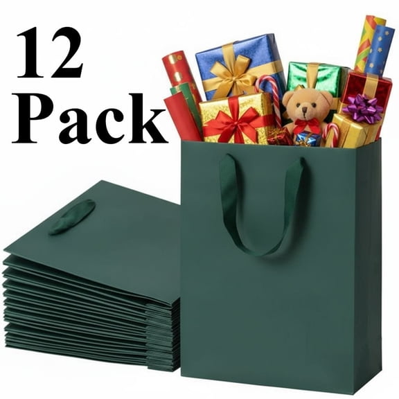 Dark Green Gift Bags, Dark Green Kraft Paper Bags with Handles 8 x 4 x 10 Inches 12 Pack Heavy Duty Shopping Matte Party Merchandise
