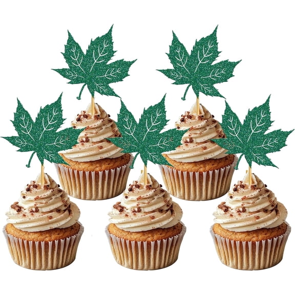 Dark Green Glitter Maple Leaf Cupcake Toppers 12 Count, Fall Autumn Leaf Cupcake Picks for Thanksgiving Harvest Season Party Cupcake Decorations
