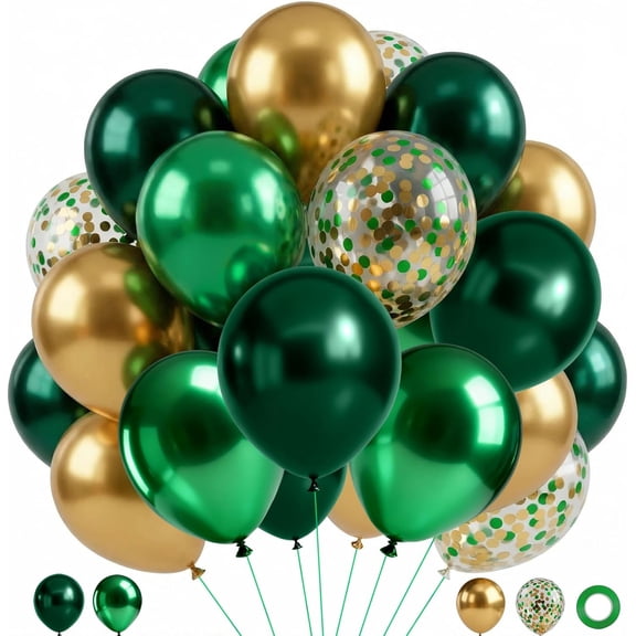 Dark Green and Gold Balloons,60 Packs 12 Inch Metallic Green Gold Confetti Balloons for Birthday, Graduation, St. Patrick's Day, Baby Shower, Jungle Sarfari Party Decorations