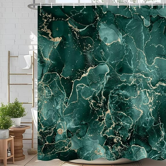 Dark Green Gold Crack Marble Abstract Shower Curtain Modern Ombre Printed Bath Curtain Waterproof Washable Fabric Bathroom Bathtub Decor Shower Curtain Set With Hooks 36"W x 72"L