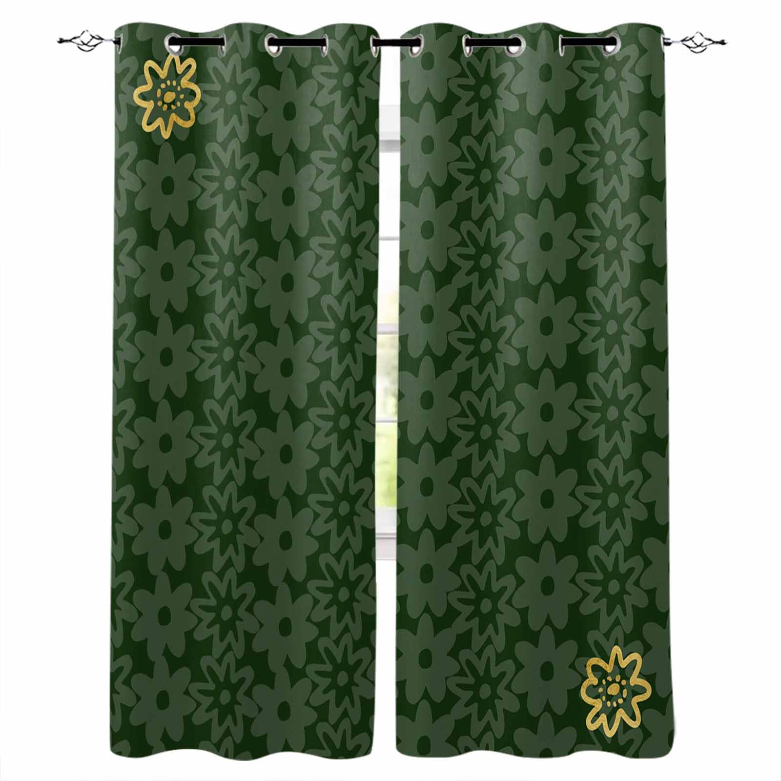 Dark Green Gold Floral Blackout Curtains for Bedroom, Modern Abstract ...