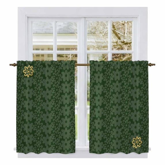 Dark Green Gold Floral Kitchen Curtain for Berdoom Living Room Cafe 54 Inch Length, Modern Abstract Spring Flowers Tiers Curtains Light Filtering Drapes Rod Pocket Window Treatment 2 Panels 52"Wx54"L