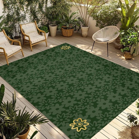 Dark Green Gold Floral Outdoor Rug for Patio/Deck/Porch, Non-Slip Large Area Rug 5 x 8 Ft, Modern Abstract Art Spring Flowers Indoor Outdoor Rugs Washable Area Rugs, Camping Rug Carpet Runner
