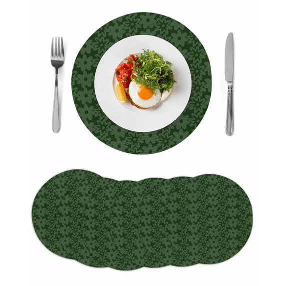 Dark Green Gold Floral Round 13 Inch Placemats Set of 6, Modern Abstract Art Spring Flowers HeatResistant Non Slip Place Mats for Dining Table, Wipeable Braided Kitchen Table Mats for Housewarming