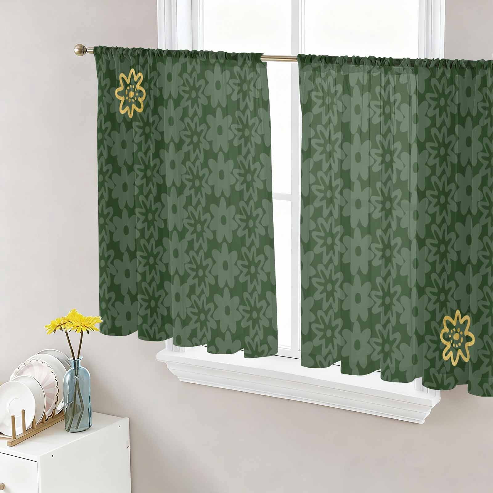 Dark Green Gold Floral Sheer Curtains 54 Inch Length 2 Panels Set ...