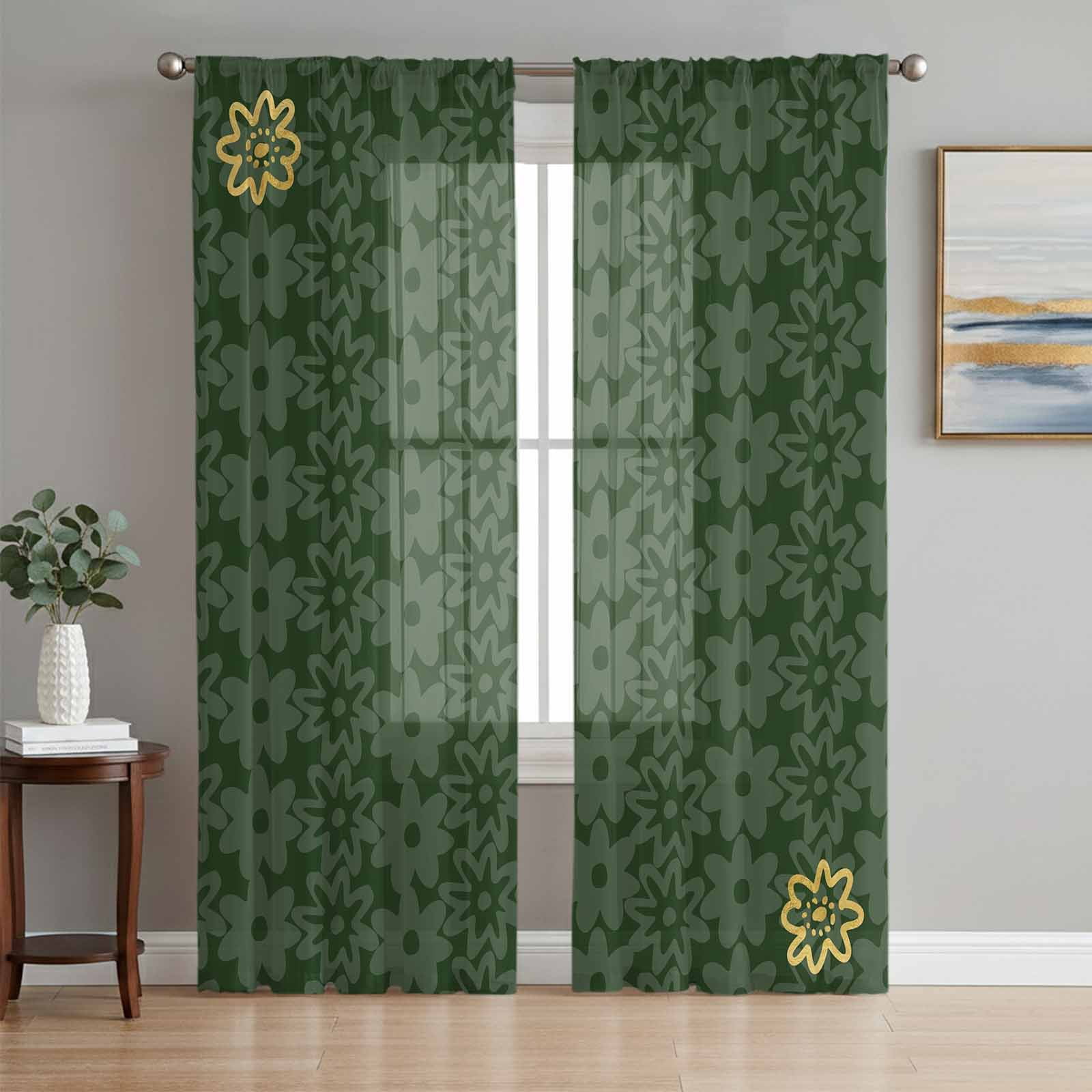 Dark Green Gold Floral Sheer Curtains 84 Inch Length 2 Panels Set ...