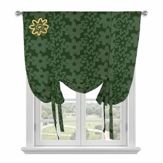 Dark Green Gold Floral Tie Up Curtains 45 Inches Long, Kitchen Window Curtains Over Sink, Modern Abstract Art Spring Flowers Small Window Curtains Shade Balloon Curtains Valances for Bedroom 34"x45"