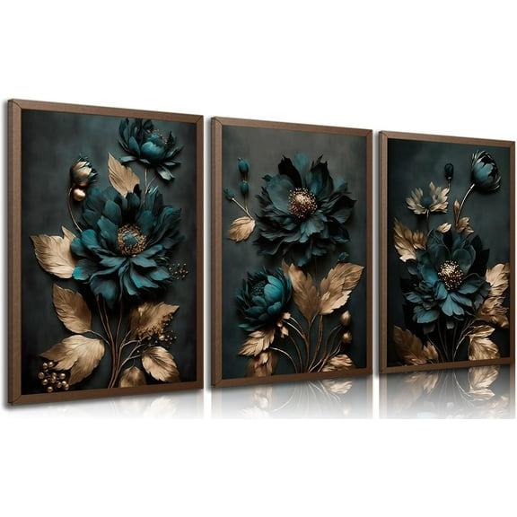 Dark Green And Gold Flower Canvas Wall Art Elegant Bloom Flowers Posters Prints Paintings Modern Abstract Plant Pictures Wall Decor for Living Room Bedroom Bathroom Decoration Unframed