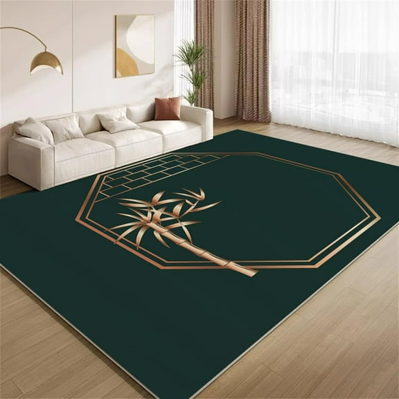 Dark Green Gold Rug 5x8ft Area Rugs Chinese Golden Bamboo Rugs Soft Washable Non Slip Carpet for Living Room Bedroom Entry Floor Mats
