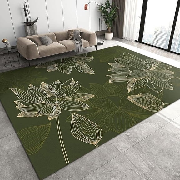 Dark Green Golden Lotus Indoor Area Rugs, Simple Line Flowers Non-Slip Kids Rug, Upholstery Rug With Non-Slip Backing For Kids Boys Girls Bedroom Living Room Dining Room Study 5x8ft