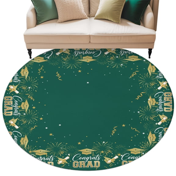 Dark Green Graduation Cap Round Living Room Rugs 6 ft, Gold Stars Academic Diploma Washable Area Rug with Non-Slip Sturdy Edge Binding Round Carpet for Kitchen Office Bedroom
