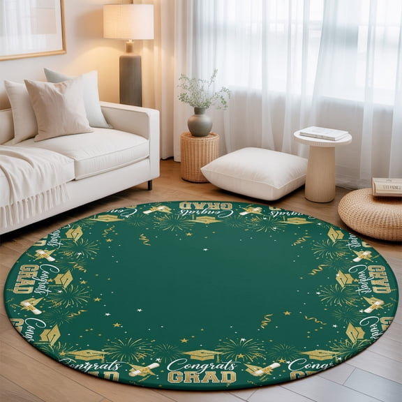Dark Green Graduation Cap Washable Round Area Rug 3 ft, Gold Stars Academic Diploma Soft Non Slip Rugs Stain Repellent Indoor Felt Carpet for Living Dining Room Bedroom Home Office