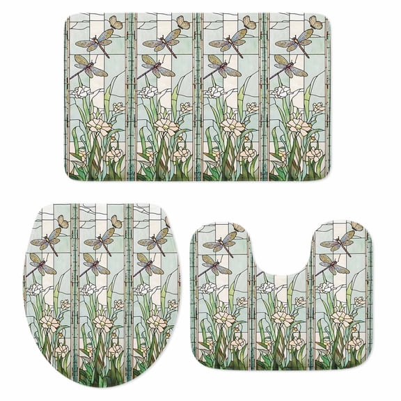 Dark Green Grass Bath Mat 3 Piece Bathroom Rug Set, Flower Dragonfly Retro Pastoral Rustic Non Slip Bath Rug Contour Mat and Toilet Lid Cover, Absorbent Shower Mats Soft Bath Rugs and Mats Sets