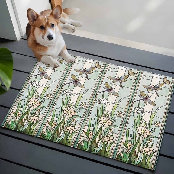 Dark Green Grass Bathroom Mat 2x3 FT, Non Slip Small Kitchen Mat, Flower Dragonfly Retro Pastoral Rustic Washable Backed Front Door Throw Rug Non-Shedding Indoor Outdoor Doormat for Entryway Sink