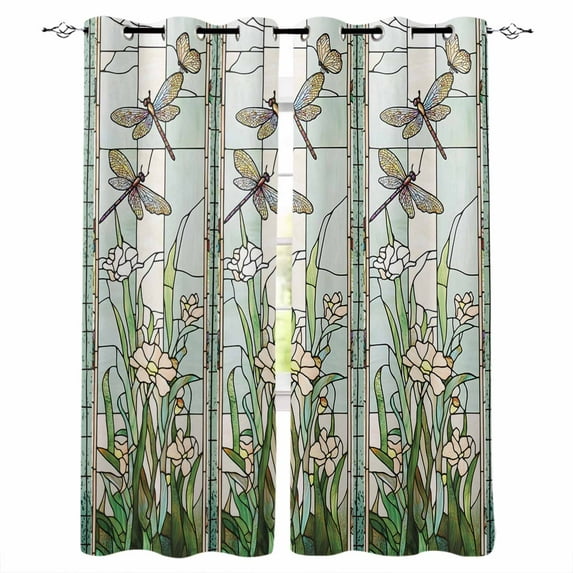 Dark Green Grass Blackout Curtains for Bedroom Living Room Darkening Curtains 84 Inch Length 2 Panels Set Flower Dragonfly Retro Pastoral Rustic Window Curtain Window Treatment Grommet Drapes 42"x84"