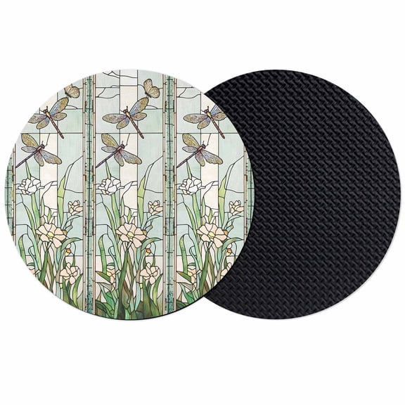 Dark Green Grass Coasters Set of 2, Flower Dragonfly Retro Pastoral Rustic Absorbent Coasters for Drinks, Coaster for Bar Office Dining Coffee Table Accessories Decor, Non Slip Round Desk Coaster