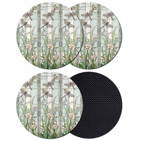 Dark Green Grass Coasters Set of 4, Flower Dragonfly Retro Pastoral Rustic Absorbent Coasters for Drinks, Coaster for Bar Office Dining Coffee Table Accessories Decor, Non Slip Round Desk Coaster
