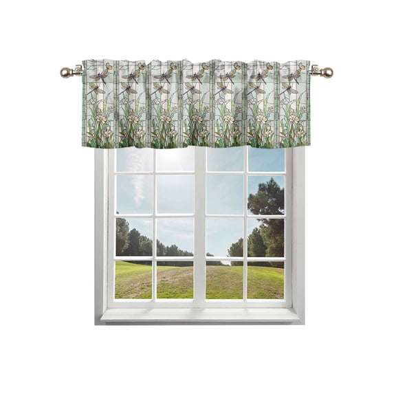 Dark Green Grass Kitchen Curtain Valances for Windows Farmhouse Short Curtains, Flower Dragonfly Retro Pastoral Rustic Rod Pocket Valance Curtain for Bedroom Cafe Living Room 60"x18"