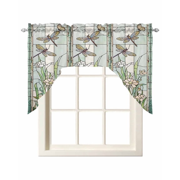 Dark Green Grass Kitchen Swag Valance for Window, Rod Pocket Short Kitchen Curtains 36 Inch Length, Flower Dragonfly Retro Pastoral Rustic Swag Topper Small Window Treatment for Cafe Bedroom