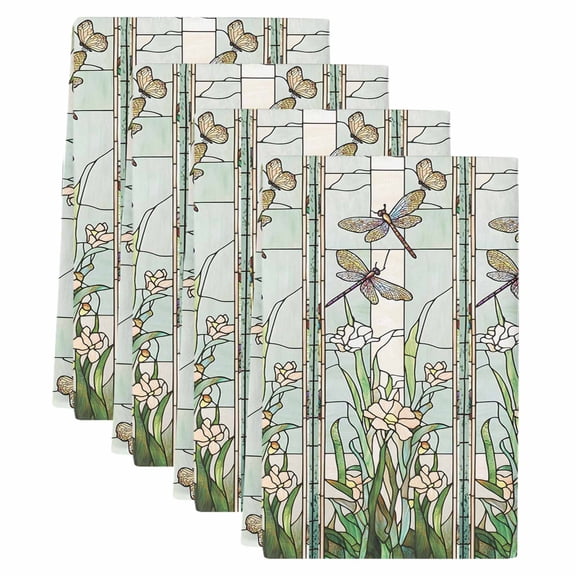 Dark Green Grass Kitchen Towels Set of 4, Absorbent Microfiber Dish Tea Towels with Hanging Loop, Flower Dragonfly Retro Pastoral Rustic Resuable Hand Towel for Home Kitchen Cooking Cleaning 18"x28"