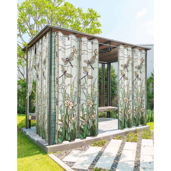 Dark Green Grass Outdoor Curtains for Patio, Flower Dragonfly Retro Pastoral Rustic Privacy Drapes Grommet Waterproof Outside Curtains for Porch/Cabana/Balcony 54"x 108", 2 Panel